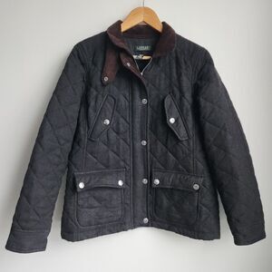 Ralph Lauren Quilted Wool Jacket Women's Petite Brown Snap Front Riding Coat VTG